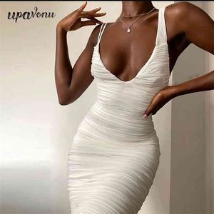 Free Women's White Mesh Dress Sexy V-neck Sleeveless Bodycon Draped Midi Celebrity Club Party Vestidos 210524