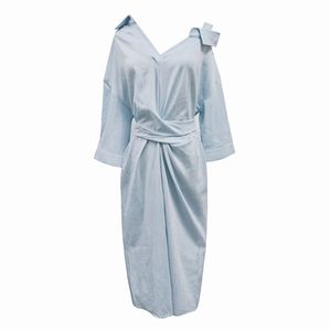 Blue White Turn Down Collar Koszula Sukienka Pół Rękaw Solid Cross Cold Ramię Midi Casual D0618 210514