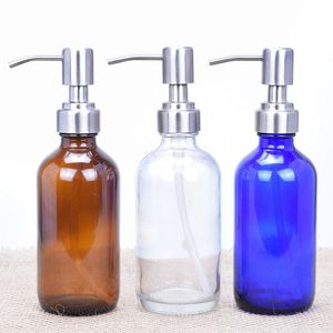 250ml Empty Glass Boston Pump Bottles with Stainless Steel Pump Dispenser for Essential Oil Soap Liquid Lotion