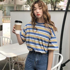 Korean O-neck T Shirt Women Harajuku Striped Tshirt Tops Summer Loose Casual Short Sleeve Punk T-shirts camiseta feminina Y0629