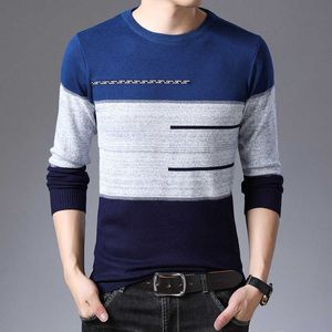 Outono inverno pulôver homens rodada colarinho listrado blusas de algodão slim fit puxar homme knitwear 210909