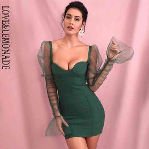 Sexy Green Tube Top Smocked Puff Sleeve Mesh Bodycon Party Mini Long Dress LM90142 210602