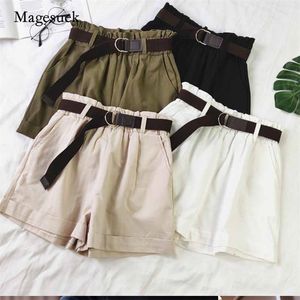 Summer High Waist Wide Leg Shorts Slimming Rolled Up with Belt Double Pockets A-line Casual Short Femme 10660 210518