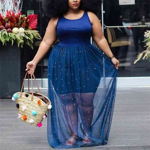 4XL 5XL Plus Size Donne africane Abito blu Vita alta Trasparente Lunghezza pavimento Sexy Night Club Wear Vedere attraverso abiti lunghi 210510