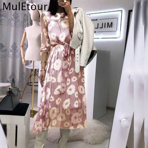 Muletour Vintage Floral Impressão Boho Vestido Mulheres Casual Manga Longa Primavera Chic Party Vestido de Cintura High Work Wear Escritório Senhora Vestido 210709