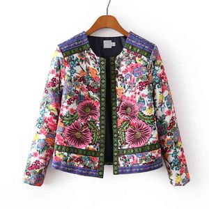Sonbahar Moda Nakış Çiçek Baskı Kısa Tasarım Pamuk Ceket, Kadın Rahat Mont Vintage Pamuk-Yastıklı Dış Giyim 210923
