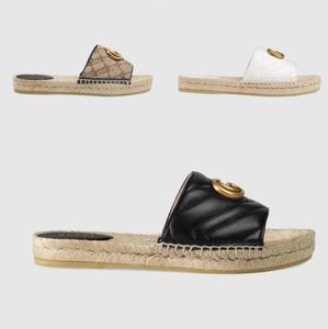 Designer sommar plattform lyx casual sandaler mode gyllene bokstav platt botten dam fiskare skor läder hampa rep gräs spets vävda sandaler