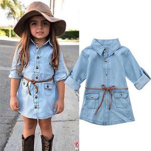Wholesale Baby Kids Girl Clothes Denim Short Mini Dresses Long Sleeve Belt Retro Fashion Casual Children Party Shirt Dress Q0716