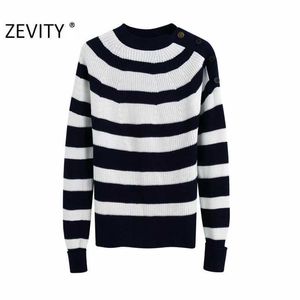 Zevity Kobiety Vintage O Neck Paski Wzór Dzianie Dorywczo Smukły Sweter Kobiet Ramię Przycisk Pullover Swetry Chic Topy S361 210603