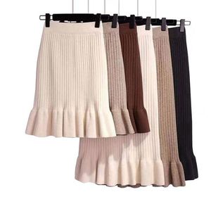 Elastic High Waist Women Skirts 2020 Autumn Winter Warm Elegant Ladies Fishtail Knitted Skirt Ribbed Midi-Long Party Skirt X0428