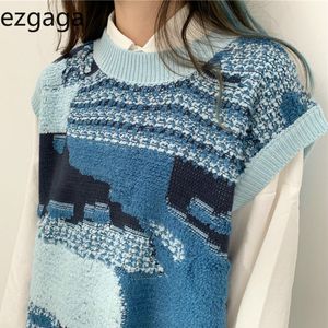 Ezgaga Morze i niebo Graffiti Sweter Kamizelka Kobiety Japoński Styl Patchwork O-Neck Loose Waistcoat Winter Bez Rękawów Y2K Topy Kobiet 210430