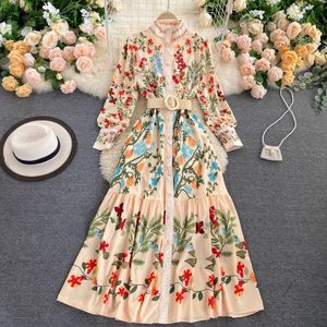 Lady Retro Court Dress For Women Fashion High Waist Round Neck Long Sleeve Ruffles A- Line Elegant Vestidos De Mujer 210428