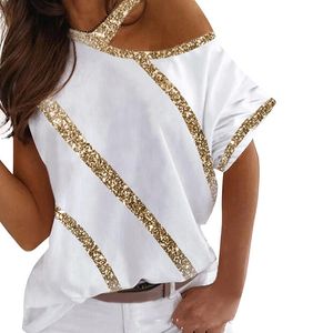 Kvinnors T-shirt Fashion Sequins Stripe Stitching White 2021 Sommar Sexig Off Shoulder Short Sleeve Shirt Kvinnor Casual Street Black Tops