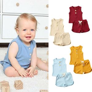 Großhandel Baby Kinder Mädchen Jungen Kinder Kleidung Sets Ärmellose Baumwolle Anzüge Vordere Knöpfe Tops Träger Shorts 2 Stück Sommer Outfits