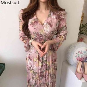 V-pescoço floral impresso mulheres vestido longo manga coreana primavera outono vintage elegante vestidos plissados ​​vestidos mujer 210513