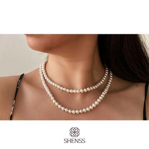 Elegant 925 Smycken Klassisk Temperament Bröllop Halsband 6mm Shell Pearl Cream 925 Sterling Silver Dubbelkedja för kvinnor