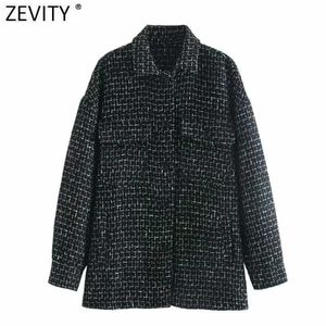 Zevity 여성 빈티지 격자 무늬 캐주얼 블랙 모직 셔츠 코트 여성 세련된 긴 소매 outwear 자켓 streetwear 포켓 탑 CT627 210603