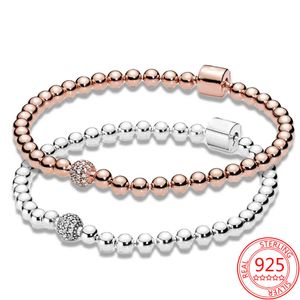 Romantisk 925 Sterling Silver Beaded And Pavé Fashion Brand Bucket Clasp Valentine's Day Basic Bracelet Present