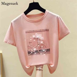 Летний с коротким рукавом розовый хлопчатобумажный футболка женщины свободные печать дамы Tee мода O-шеи твердой женской T-S Blusas 4767 210512
