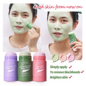 Grönt te Solid Clay Mask Stick Ansiktsrengöring Ansiktsrenande olja Kontroll Anti-akne Aubergine Pink Rose Mud Masks 40g