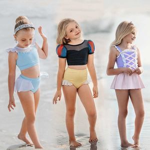 2021 two piece kids girls swimwear cute 90-140CM size swimsuit princess style crop vest tops and shorts mini skirt swim beach clothing set color matching G609WAN
