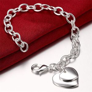Charm Armband Högkvalitativ 925 SLIVER Fashion Jewelry Double-Heart Hummer-Claw-Clasps Armband för Women Girls Romantic Gift