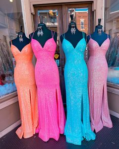 Shiny Sequins Prom Dresses 2022 Mermaid Pageant Gowns Slit Leg Spaghetti Sleeveless Lady Women Formal Party Dress Maxi Autumn Winter Ball Lace Up Back