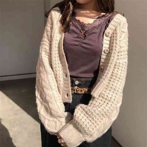 Japansk Puff Sleeve Sweater Cardigan Jacka Kvinnor Kort V-Neck Top Rhombus Twist Sticka Liten Sjal 210427