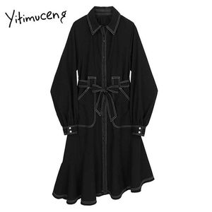 Yitimuceng Black Solid Dresses Woman Spring Square Collar Single Breasted Long Sleeve Fashion Clothing Office Lady 210601