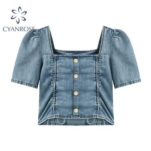 Cardigan Denim Blouses For Women's Crop Tops Wrinkled Design Square Collar Sexy Slim Short Sleeve Party Club Bar Shirts Female 210515