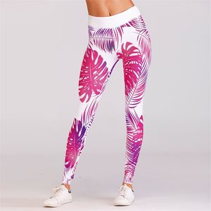 Sexy Leaf Pattern Digital Printed Skinny Long Leggings For Ladies Sports Push Up Pink Polyester Breathable Leggings 211014
