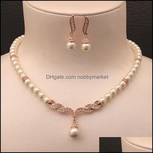 Kolczyki Naszyjnik Zestawy Biżuterii Rose Gold Color Cream Glass Pearl and Rhinestone Crystal Drop Delivery 2021 jucll