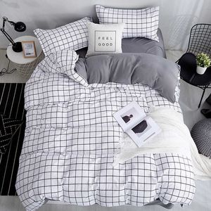 Bonenjoy Queen Size Bedding Set White Color Black Plaid Microfiber Reactive Printed King Bed Linen Sets For Bedroom Kit 210615