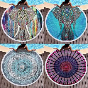 Mandala Drawing Bohemia Elephant Beach Bath Towel Round Sea Blanket Seaside Yoga Carpet Picnic Mat Absorbent Manteau Cover Cloak 210728