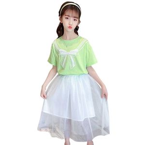 子供の服tシャツ+メッシュスカートの女の子の女の子の夏の子供のための大きな弓服6 8 10 12 14 210528