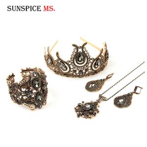 Sunspicems Grey Crystal Turkish Bridal Jewelry Sets for Women Bangle Necklace Earring Crown 4pcs Ethnic Wedding Banquet Gift H1022