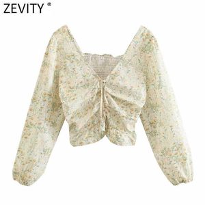 Zevity kvinnor söta v nacke pläterad spets upp blommigryck smal kort smock blus kvinnlig tillbaka elastisk skjorta chic blusas toppar ls9035 210603