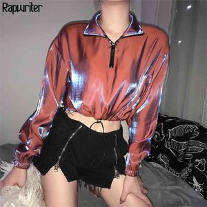 Moda Turtleneck Zipper Drawstring Hem Harajuku Discolor Sweatshirt Moletom Mulheres Outono de Manga Longa Crop Top Pullovers 210510