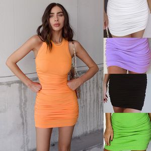 Kadınlar Elbise Günlük Elbiseler Seksi Katı Renk Kıvrımlar Kolsuz Sıkı Uydurma Orta Bel Yuvarlak Boyun Ekleme Slim Fit Paket Kalça Kısa Etek Rahat Nefes WMD