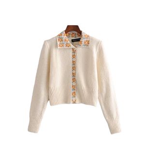 Casual Frau Blume Patchwork Strickjacke Mode Damen Herbst Weiche Beige Pullover Weibliche Chic Langarm Tops 210515