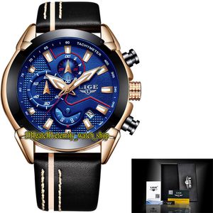 Lige Eternity LG9869 Sport Mens Watches Дата синий циферблат Япония VK Кварцевый хронограф Движение светящиеся мужские Часы Черный Безель Розовый Золотой Сталь Чехол Кожаный Ремешок