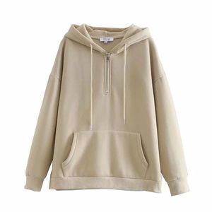 Kobiety Stylowa Prostota Połowa Zipper Kangur Kieszonkowy Plus Cashmere Kapturem Kapturem Casual Sports Pullover 210520