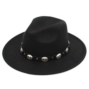 Fashion Men Women Wool Blend Panama Hat Derby Cap Outdoor Wide Brim Church Sombrero Godfather Cap Black Belt