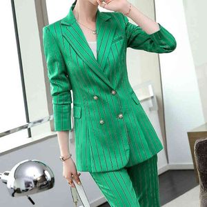 Long Sleeve Pink Striped Patchwork Blazers Women Pants Suits Plus Size Business Casual Office Wear Jacket Cropped Trousers 5XL 210527