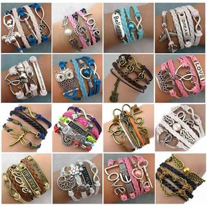 Partihandel 30st / Massor Mix Style Infinity Love Charm Armband Antik Multilayer Läderarmband för kvinnor Smycken 210323