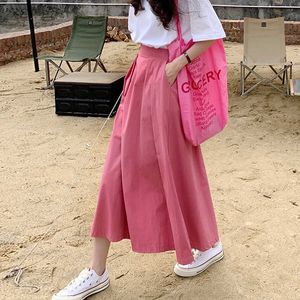 Loose Cintura alta Big Swing Cor-de-rosa Saias Pleated Mulheres bolso doce vintage preto selvagem faldas mujer moda coreano preppy 210610