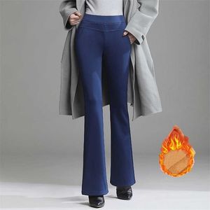 Warme Frauen Winter Flare Hosen Verdicken Fleece Hosen Weibliche Schwarz Blau Rot Hohe Taille Stretch Samt Legging S-4XL 211115