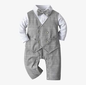 Dobra Jakość Baby Chłopcy Dżentelmen Style Pani Wiosna Jesień Maluch Boy Długie Rękaw Kombinezony z Bowtie Collar Collar Infant Cotton Onesies