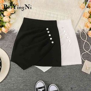 Womans High Waist Mini Skirt Sexiga Knappar Oregelbundet Mode Paket Hip Penna Kjolar Kort Vintage Casual 210506