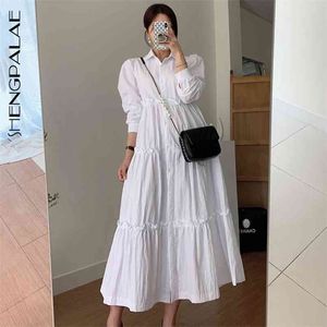 Spring Women's Korean Elegant Turn-Dwon Single-breasted Wooden Ear Dekorativ Stor Swing Dress ZT1206 210427